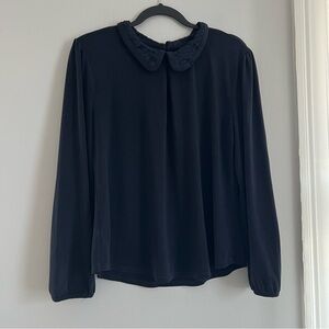 Ann Taylor Black Blouse with Embroidered Collar